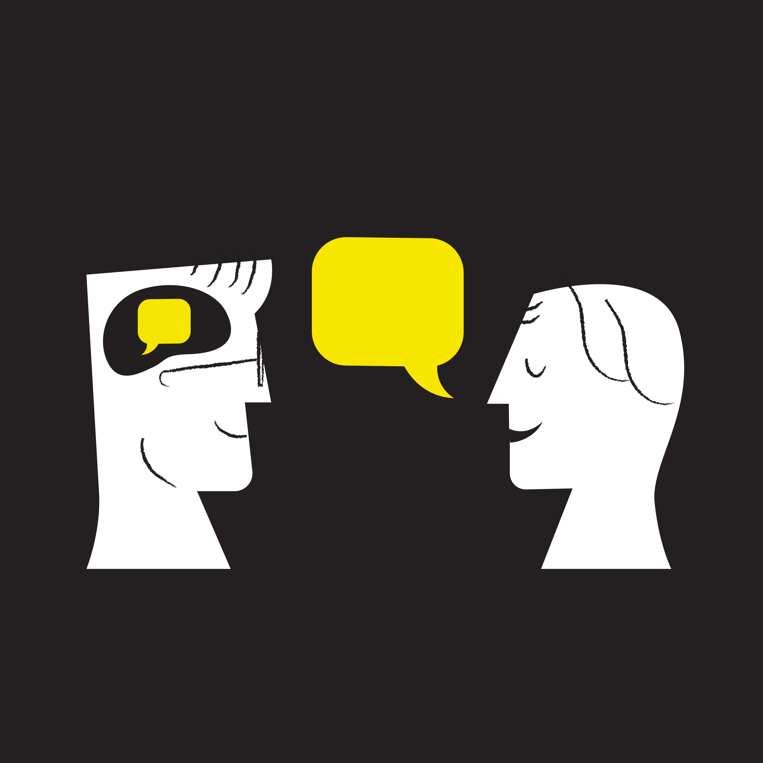 one person with a speech bubble speaking to the other who has the same speech bubble in his mind. this represents similar cultural values, or core values.